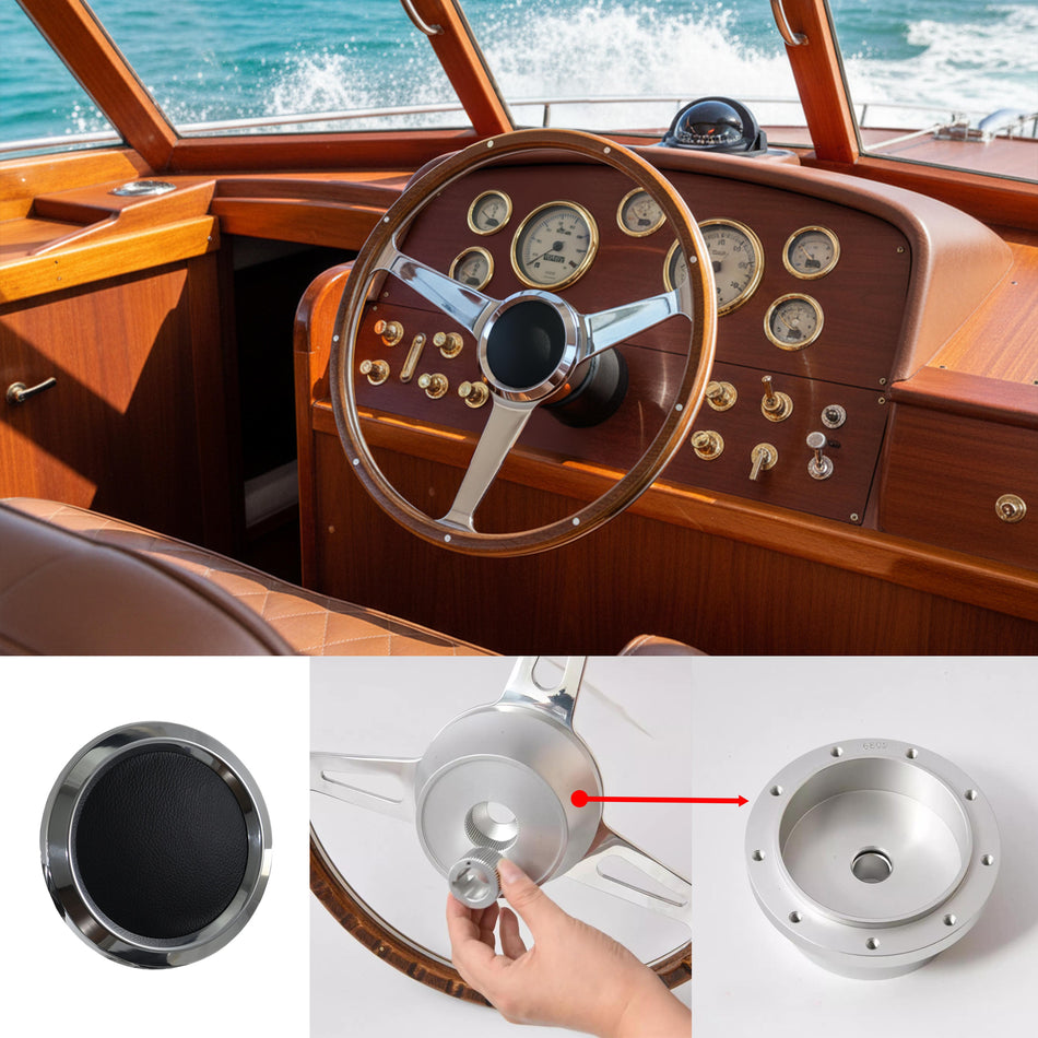 Flashpower 15 Inch Marine Boat 9 Bolt Wood Steering Wheel 6061-T6 Aluminum Polished Finish with Adapter and Center Cap Compatible with Most Boats and Classic Automotive Replacements