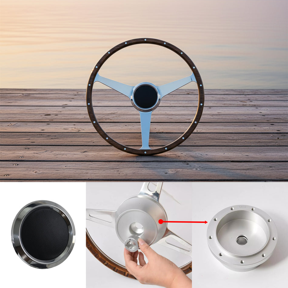 Flashpower 17 Inch Marine Boat 9 Bolt Wood Steering Wheel 6061-T6 Aluminum Polished Finish with Adapter and Center Cap Compatible with Most Boats and Classic Automotive Replacements