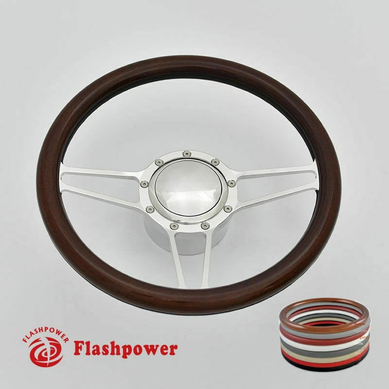 Polished 14" BILLET 9 HOLE STEERING WHEEL KIT W/HORN BUTTON & ADAPTER
