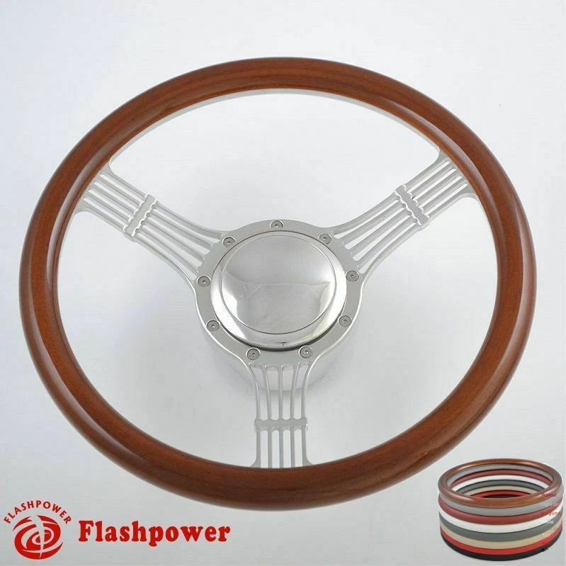 14'' Billet Steering Wheels White Half Wrap Banjo Ford w/ Horn Button & Adapter