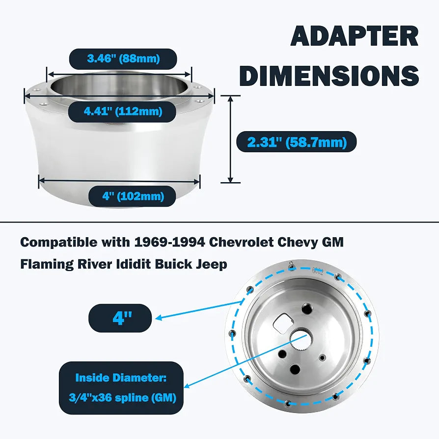 Polished 14" BILLET 9 HOLE STEERING WHEEL KIT W/HORN BUTTON & ADAPTER