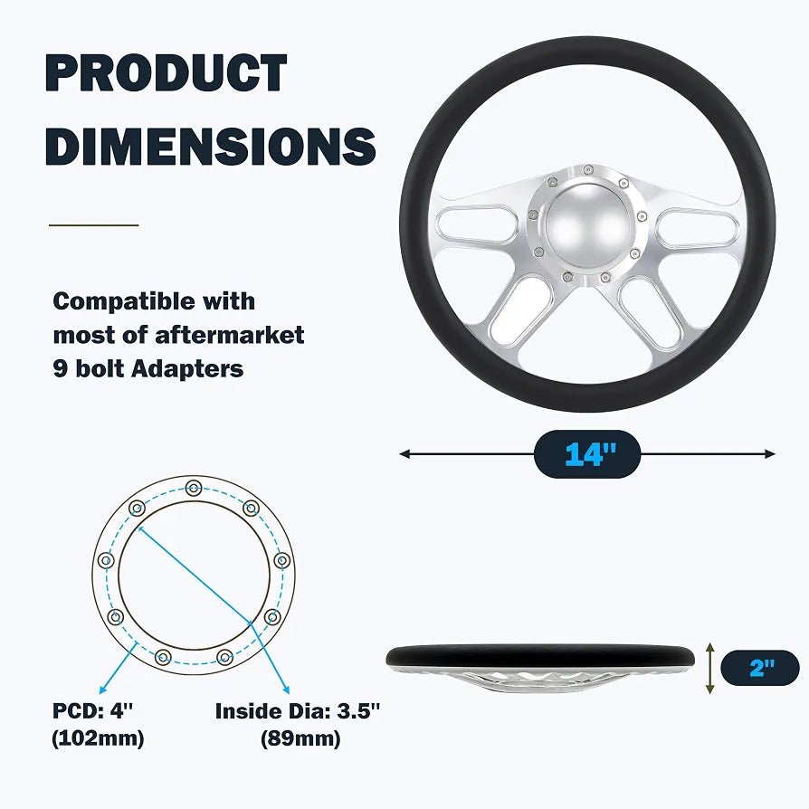 Polished 14" BILLET 9 HOLE STEERING WHEEL KIT W/HORN BUTTON & ADAPTER