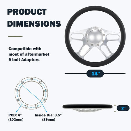 Polished 14" BILLET 9 HOLE STEERING WHEEL KIT W/HORN BUTTON & ADAPTER