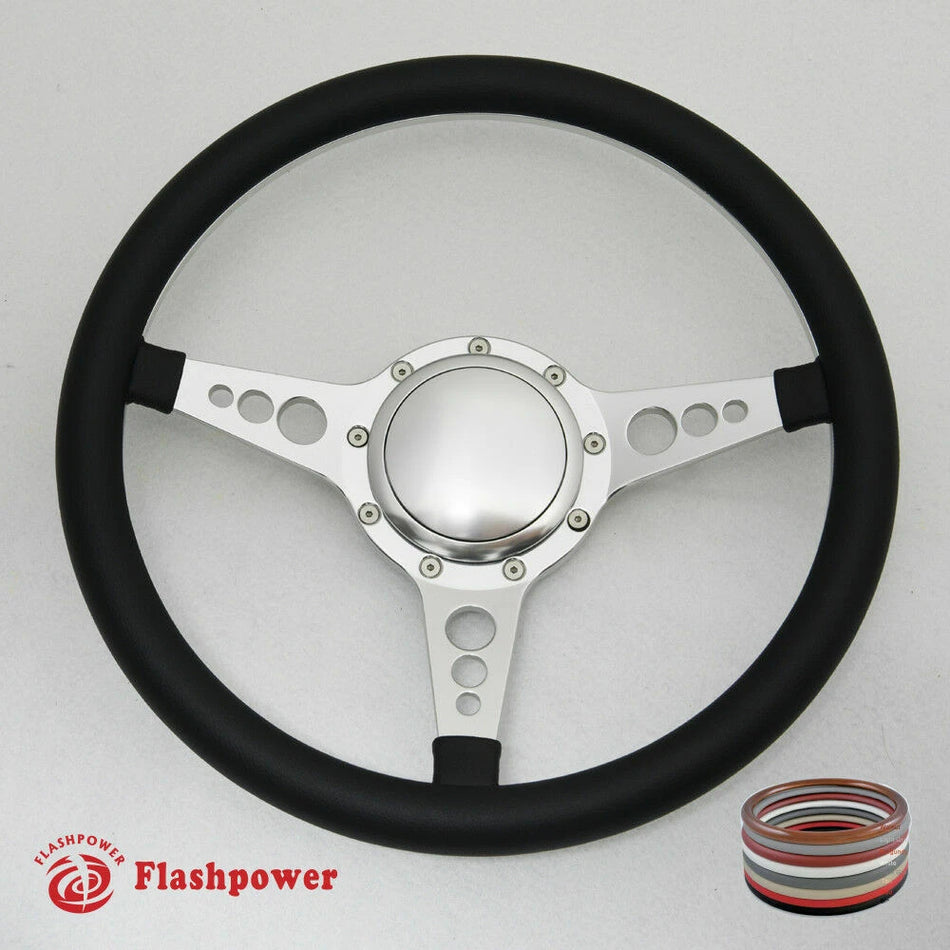14'' Satin Billet Steering Wheel Full Leather Wrap Horn Button De Ville GM