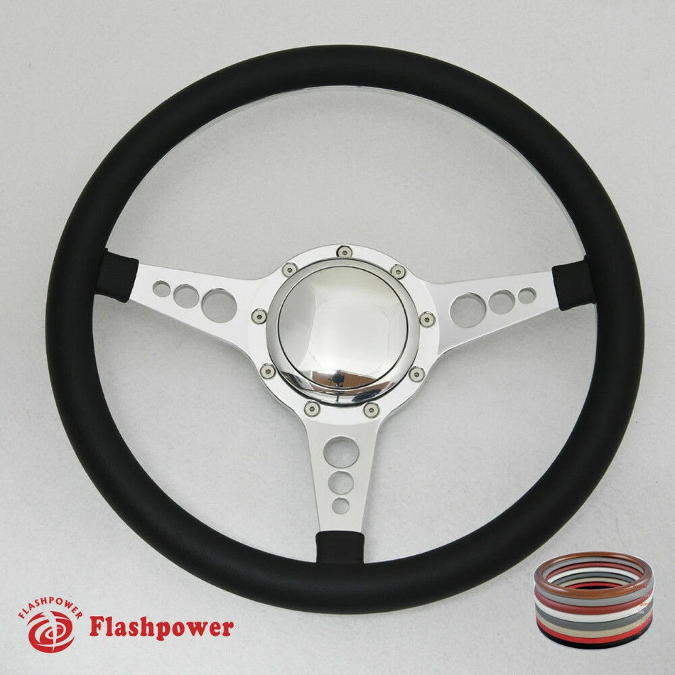 14'' Polished Billet Steering Wheel Full Leather Wrap Horn Button Chevelle GTO
