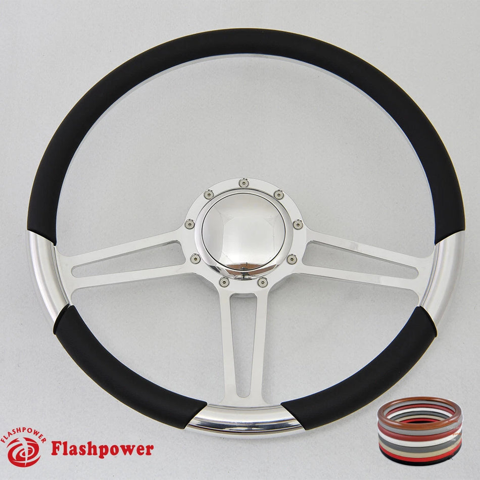 15.5'' Polished Billet Steering Wheel Black Full Wrap Firebird Chevy