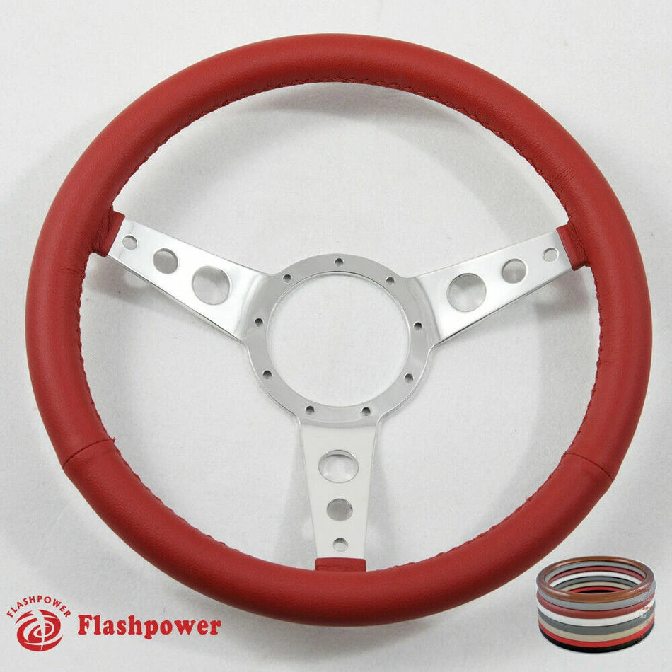15" Polished Classic Red Wrapped Steering Wheel 9 bolt with Horn Button
