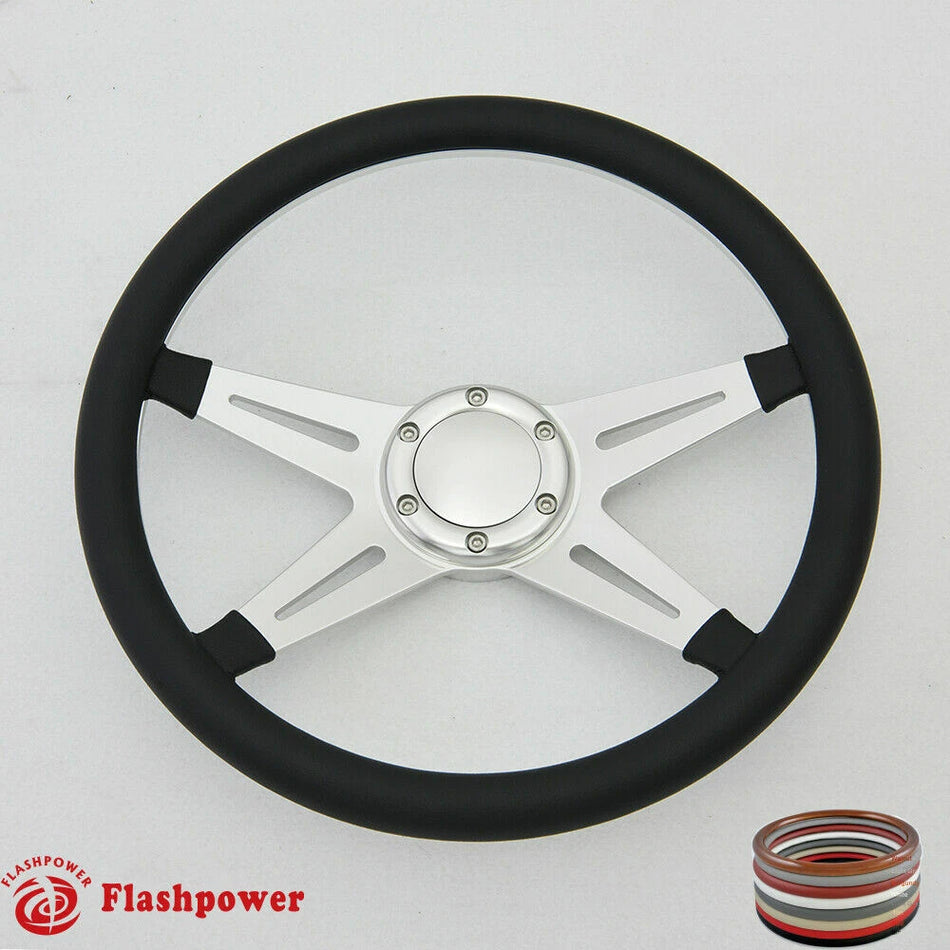 14'' Satin Billet Steering Wheel Full Wrap Ford GM GTO Impala Chevy W/Horn