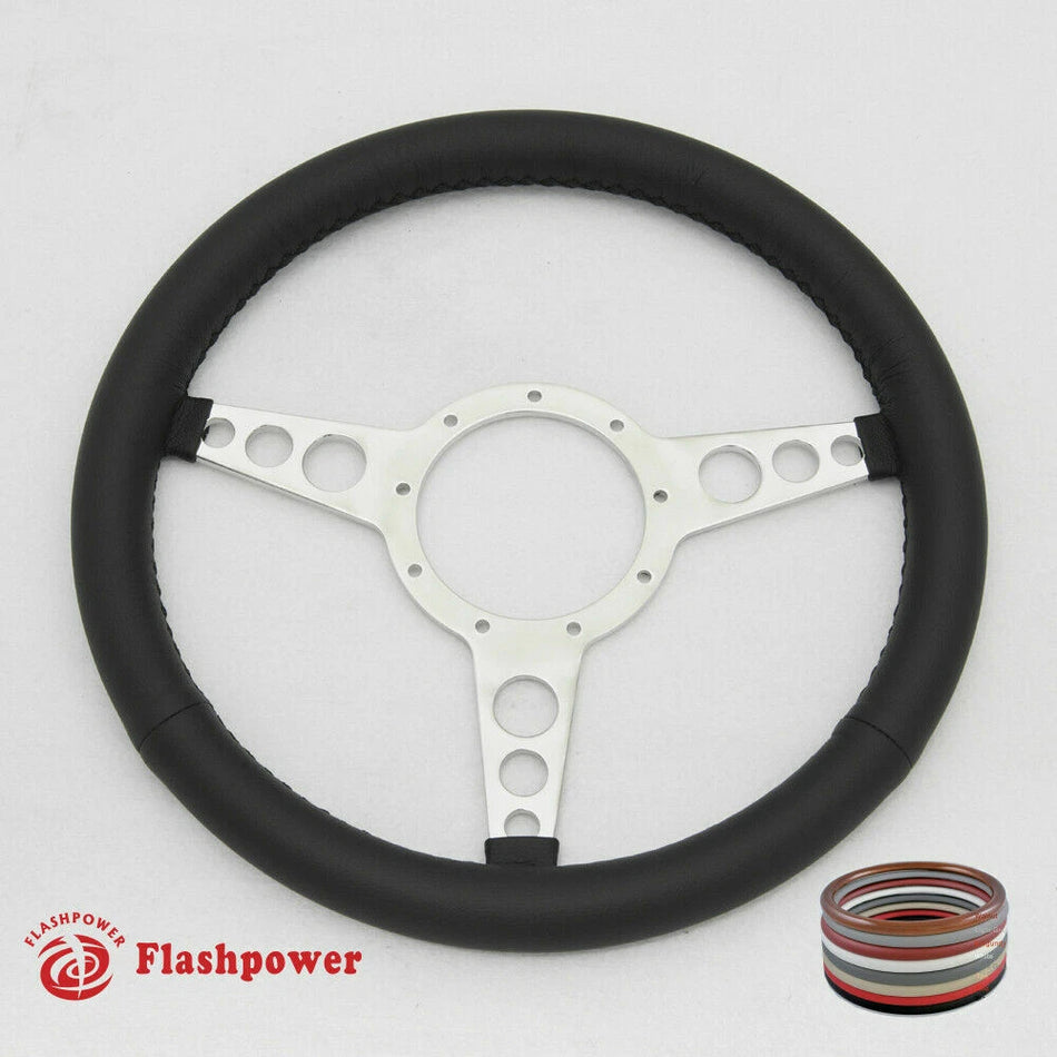 15" Classic Black Leather Steering Wheel 9 Bolt with Horn Button