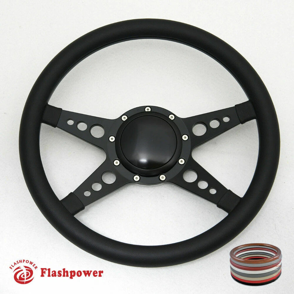 14'' Billet Steering Wheel Full Leather Wrap Horn Button Challenger