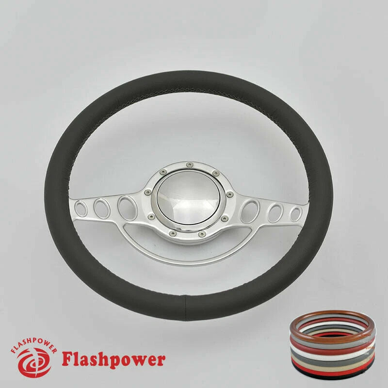 15.5'' Polished Billet Steering Wheel With Full Leather Wrap Horn Button