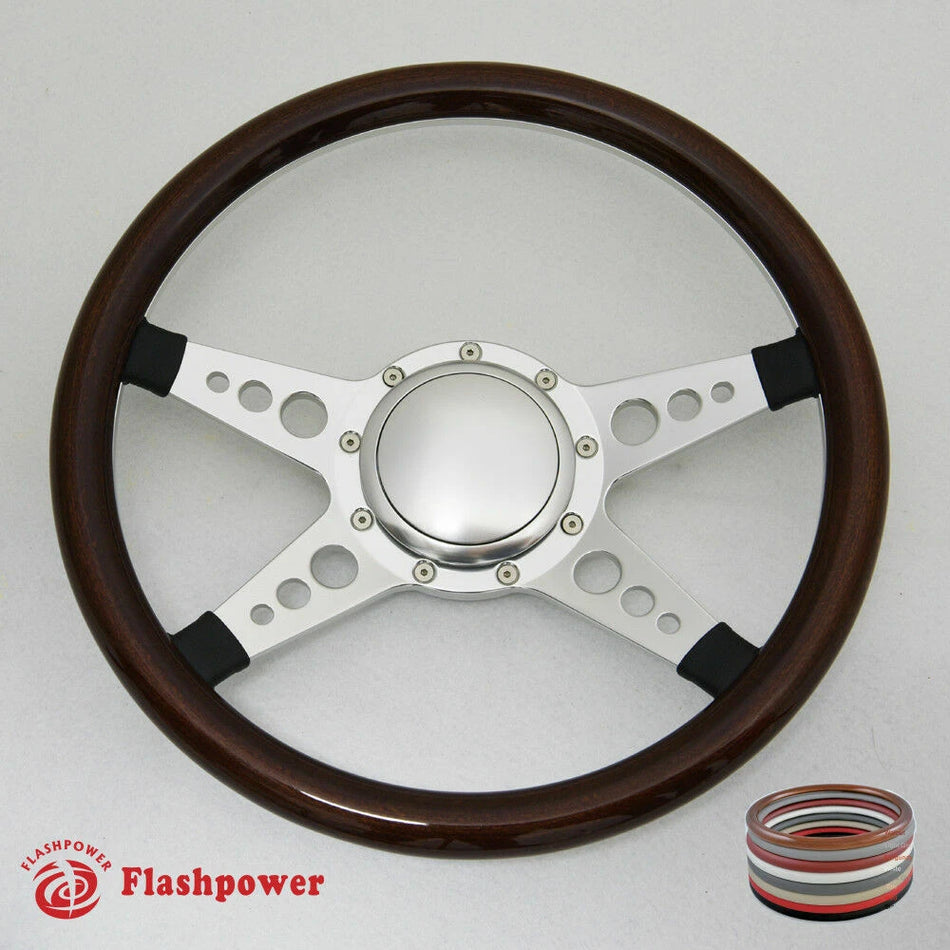 14'' Satin Billet Steering Wheel Full Leather Wrap Horn Button Dodge GMC