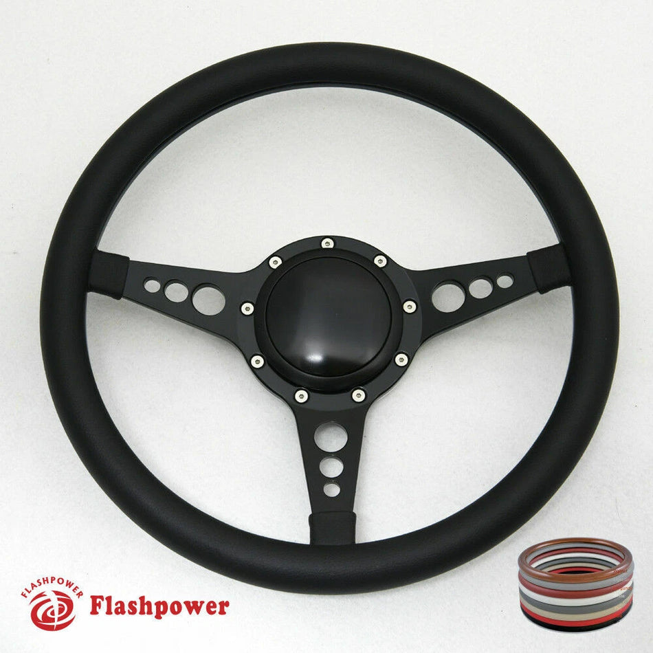 14'' Billet Steering Wheel Full Leather Wrap Horn Button Impala GTO Regal