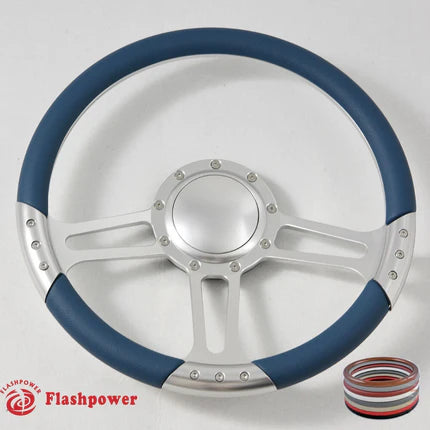 14'' Satin Billet 9 Bolt Trinity Steering Wheel Carbon Vinyl Full Wrap Blazer Chevy C10 W/Horn