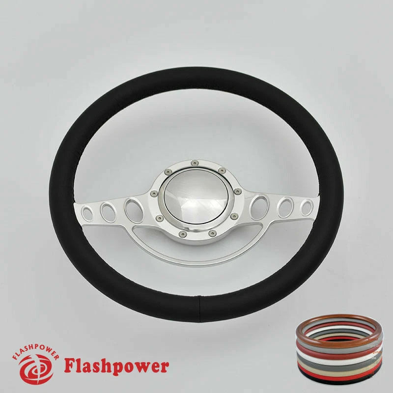 15.5'' Polished Billet Steering Wheel With Full Leather Wrap Horn Button