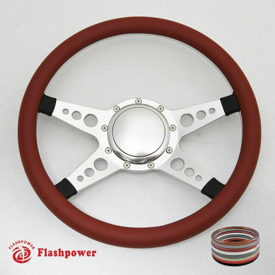 14'' Satin Billet Steering Wheel Full Leather Wrap Horn Button Dodge GMC