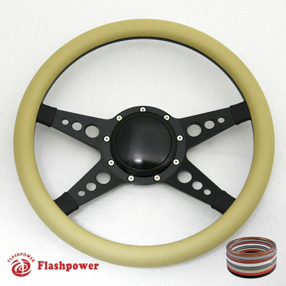14'' Billet Steering Wheel Full Leather Wrap Horn Button Challenger