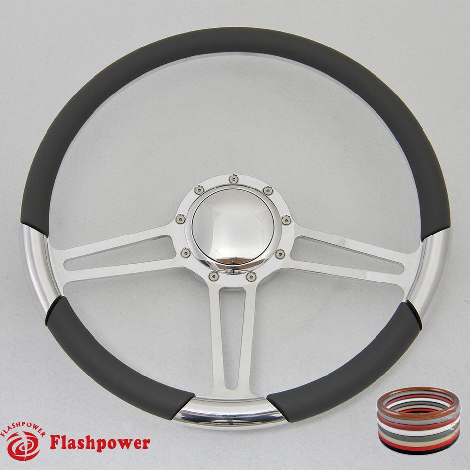 15.5'' Polished Billet Steering Wheel Black Full Wrap Firebird Chevy