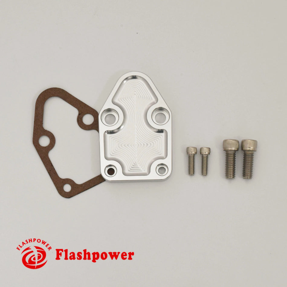 Flashpower Billet SBC Chevy Fuel Pump Block-Off Plate Kit Clear Anodized