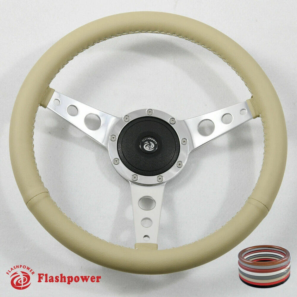 15" Polished Classic Tan Wrapped Steering Wheel 9 bolt with Horn Button
