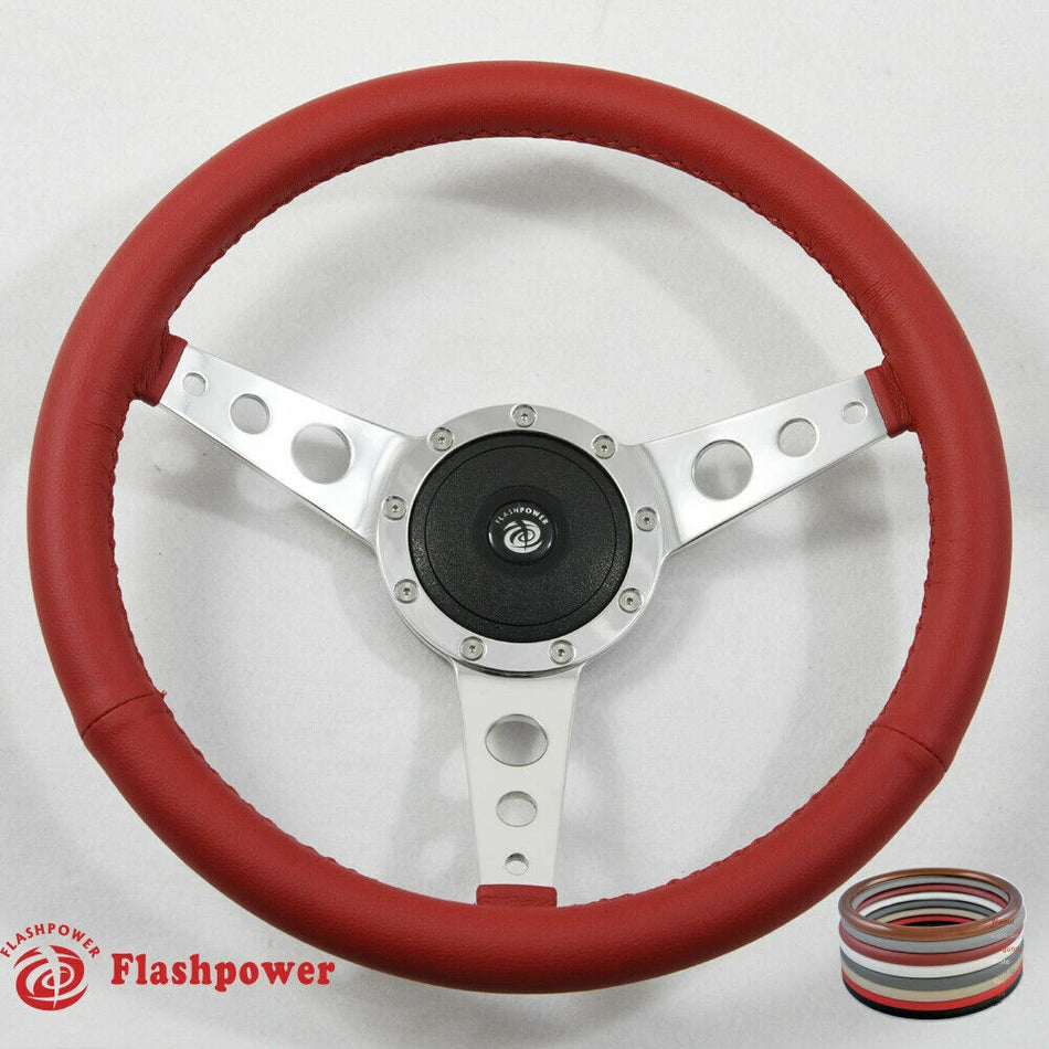 15" Polished Classic Red Wrapped Steering Wheel 9 bolt with Horn Button