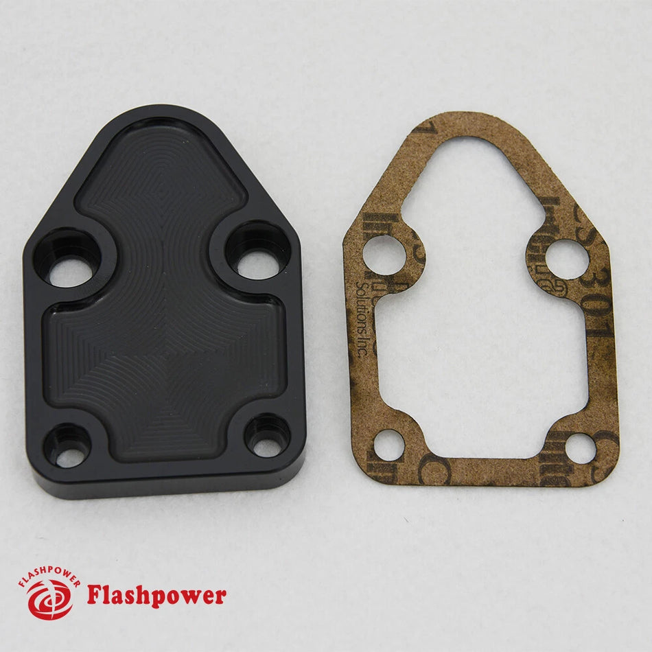 Flashpower Billet SBC Chevy Fuel Pump Block-Off Plate Kit Black Anodized