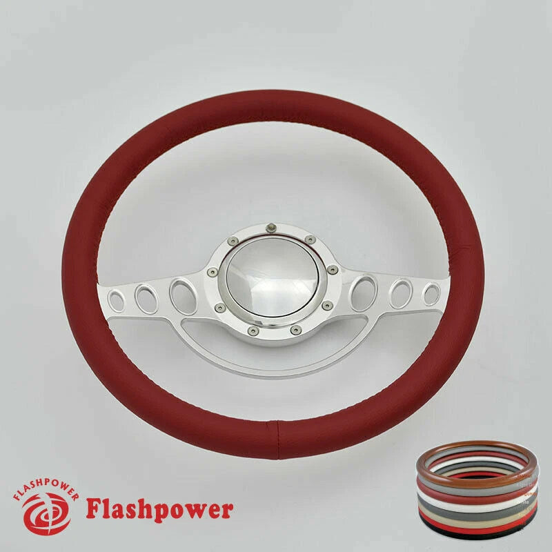 15.5'' Polished Billet Steering Wheel With Full Leather Wrap Horn Button