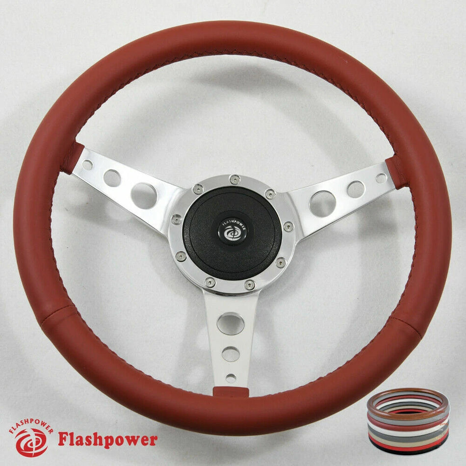 15" Polished Classic Burgundy Wrapped Steering Wheel 9 bolt with Horn Button