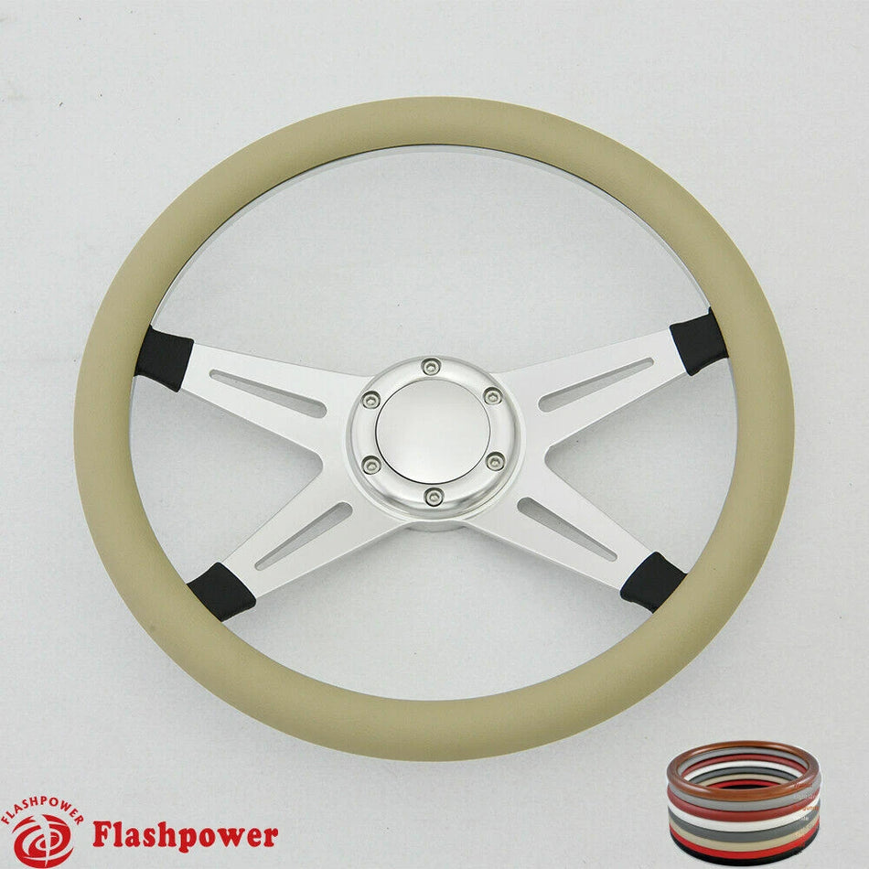 14'' Satin Billet Steering Wheel Full Wrap Ford GM GTO Impala Chevy W/Horn