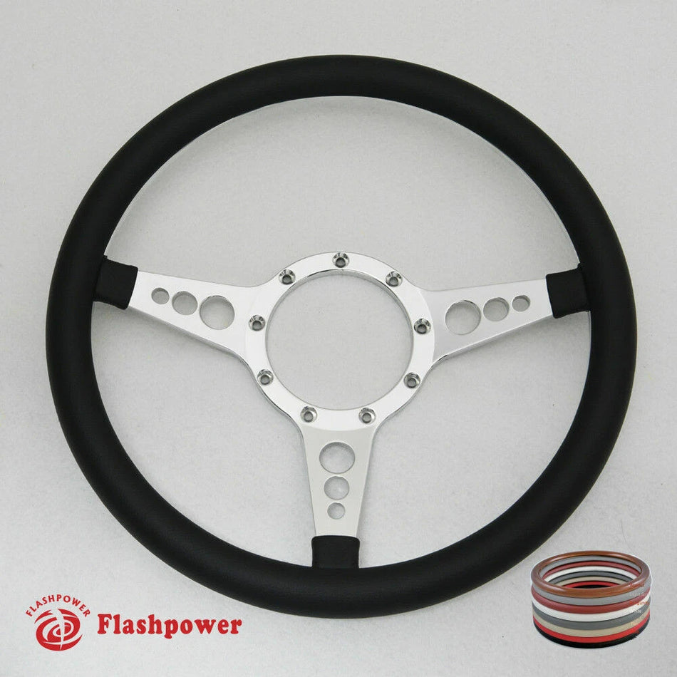 14'' Polished Billet Steering Wheel Full Leather Wrap Horn Button Chevelle GTO