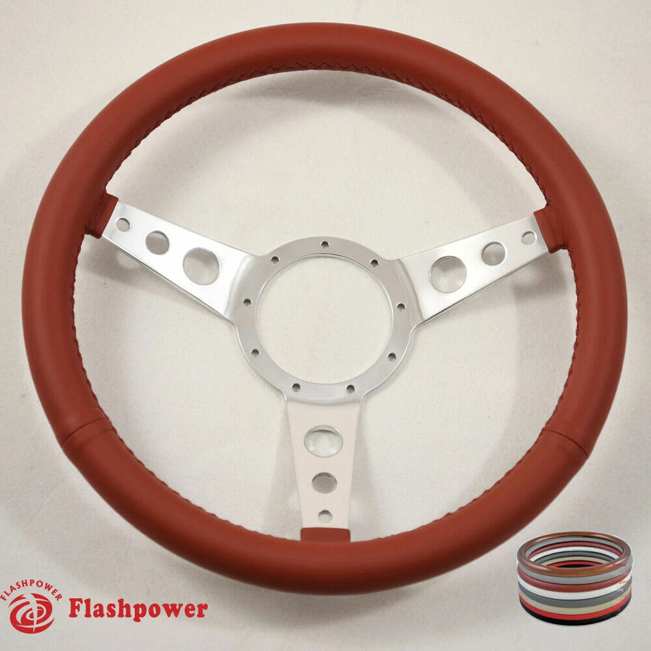 15" Polished Classic Burgundy Wrapped Steering Wheel 9 bolt with Horn Button