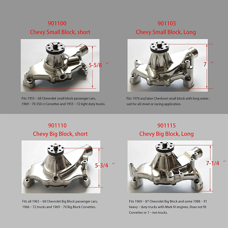 Long Water Pump Small Block Chevy Polished Aluminum
