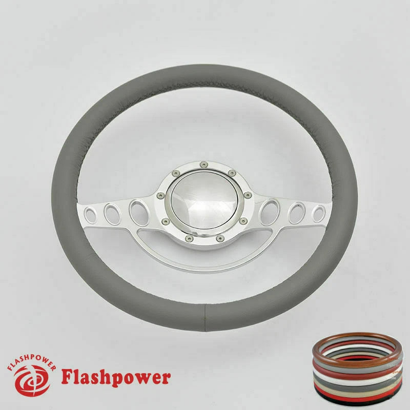 15.5'' Polished Billet Steering Wheel With Full Leather Wrap Horn Button