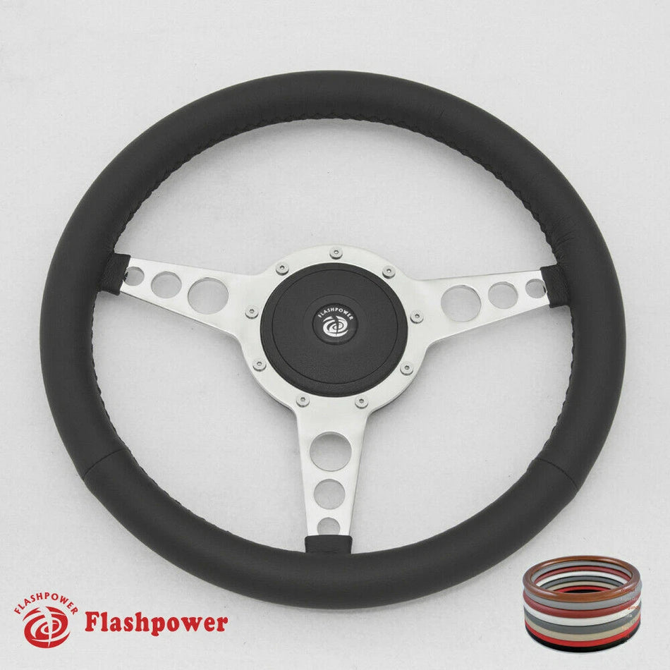 15" Classic Black Leather Steering Wheel 9 Bolt with Horn Button