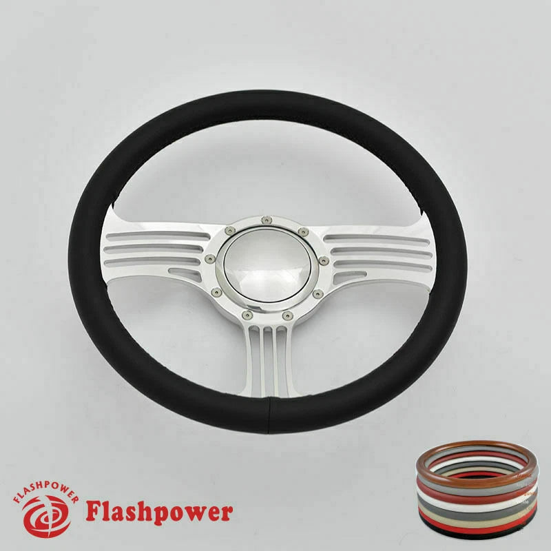 15.5'' Billet Steering Wheel Black Full Wrap Restoration Chevy Ford GTO