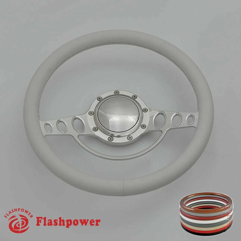 15.5'' Polished Billet Steering Wheel With Full Leather Wrap Horn Button