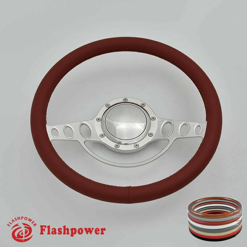 15.5'' Polished Billet Steering Wheel With Full Leather Wrap Horn Button