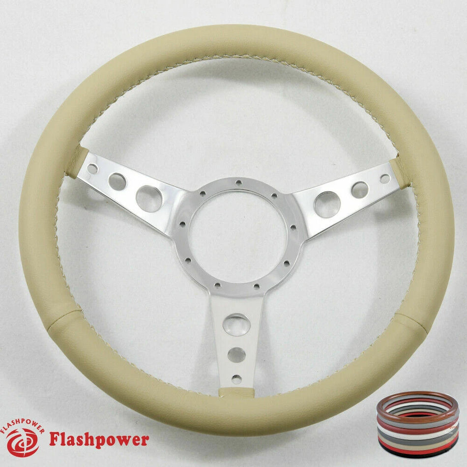 15" Polished Classic Tan Wrapped Steering Wheel 9 bolt with Horn Button