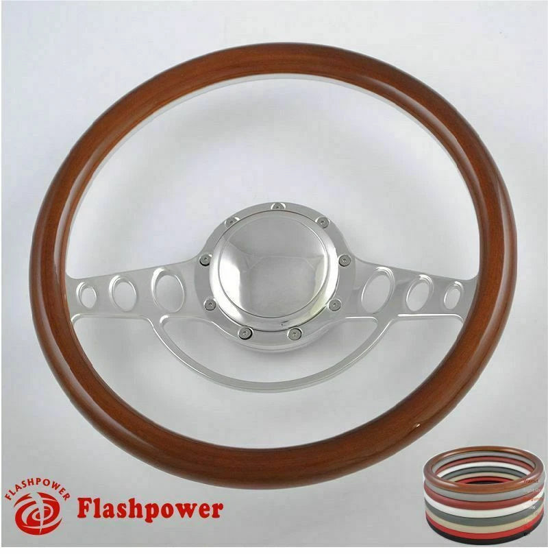 15.5'' Polished Billet Steering Wheel With Full Leather Wrap Horn Button