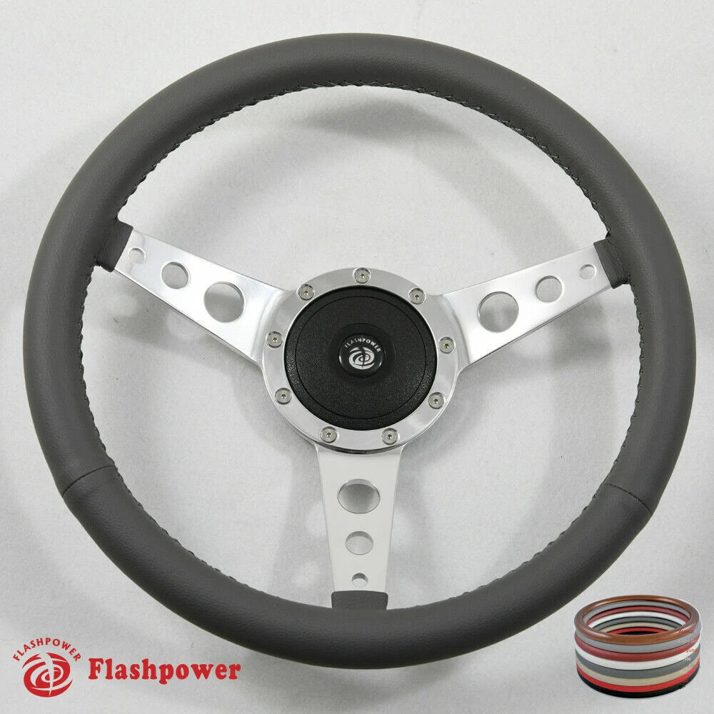 Gray Racing Steering Wheel 15'' Polished Classic Dark Gray Wrapped Steering Wheel 9 bolt with Hor ...