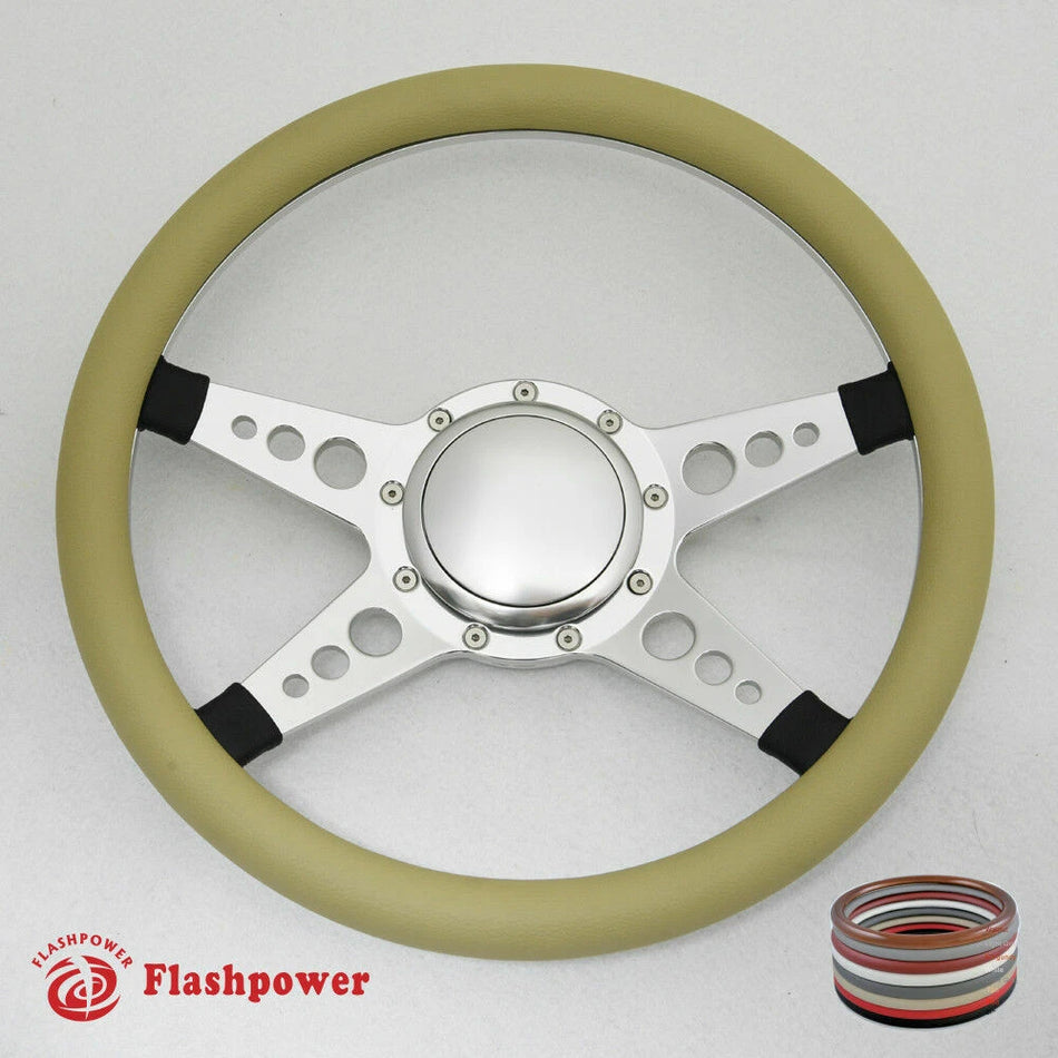 14'' Satin Billet Steering Wheel Full Leather Wrap Horn Button Dodge GMC