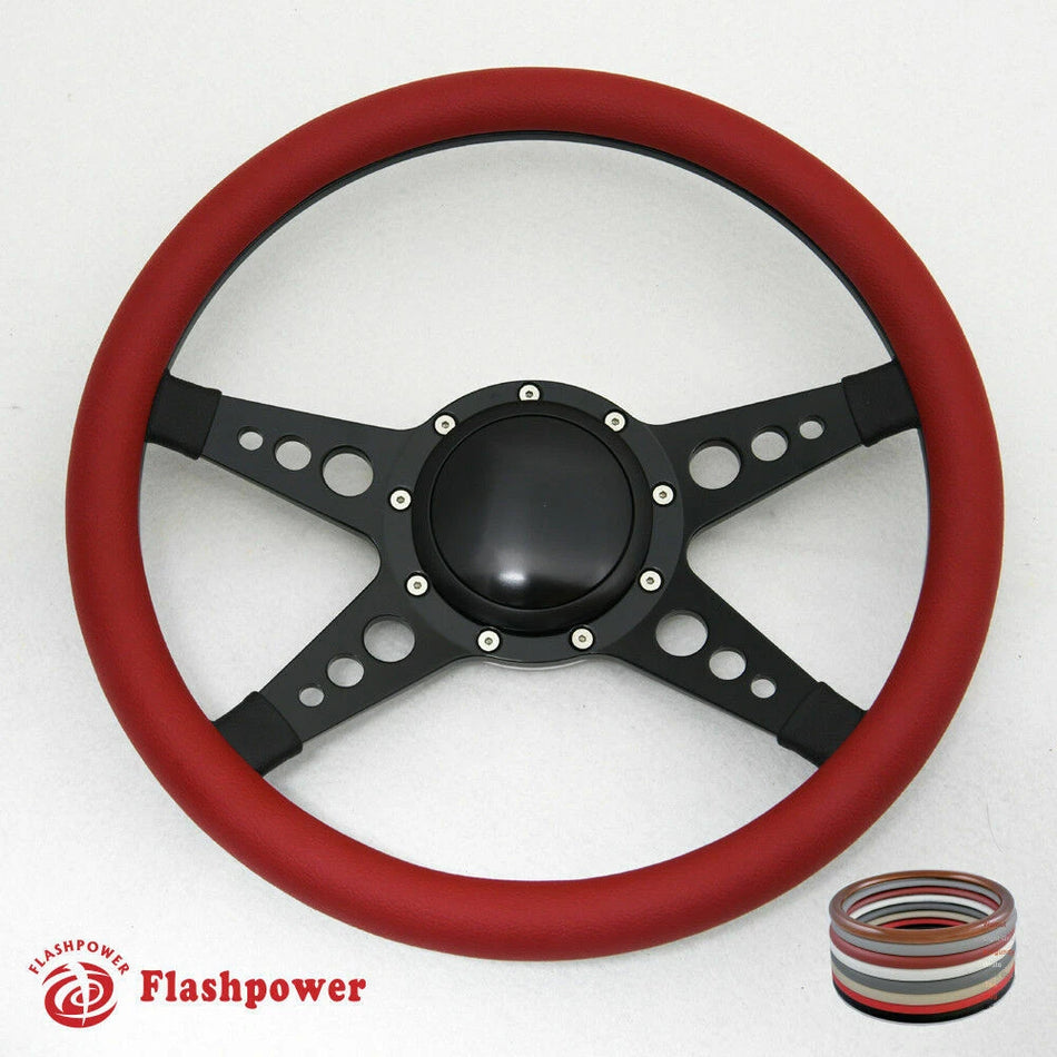 14'' Billet Steering Wheel Full Leather Wrap Horn Button Challenger