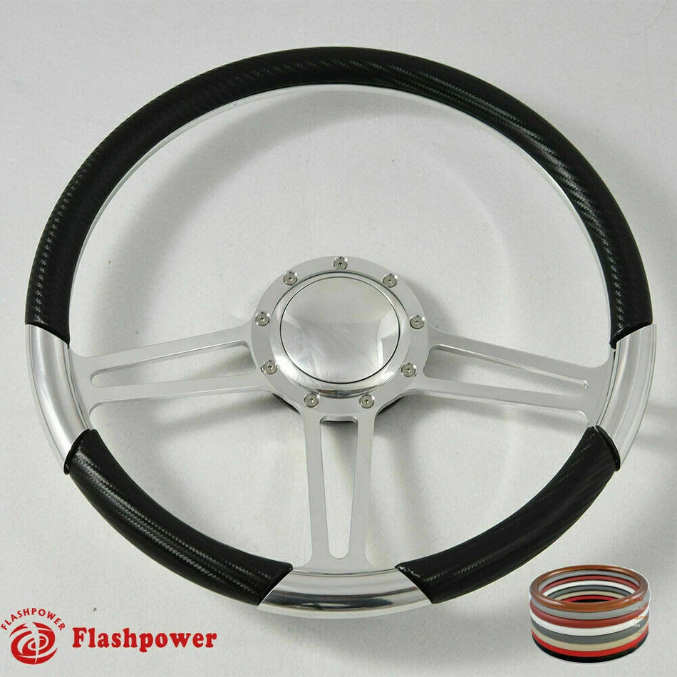 15.5'' Polished Billet Steering Wheel Black Full Wrap Firebird Chevy