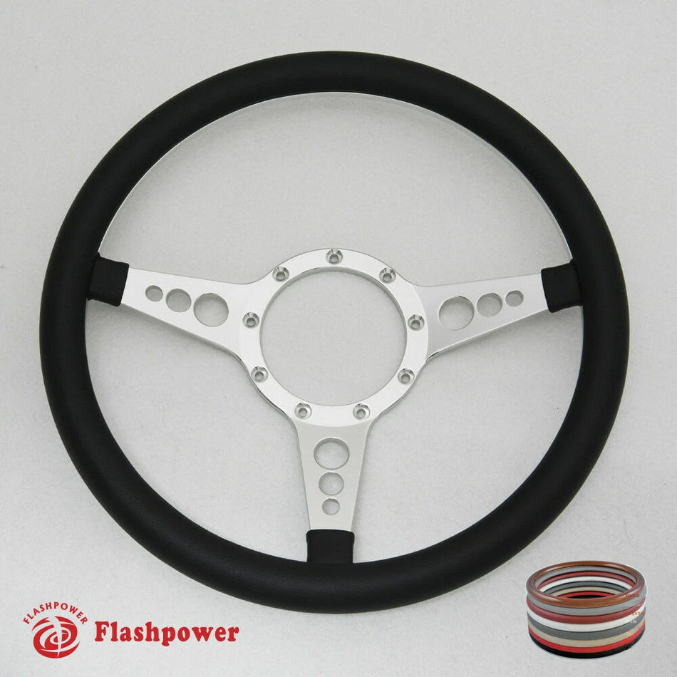 14'' Satin Billet Steering Wheel Full Leather Wrap Horn Button De Ville GM