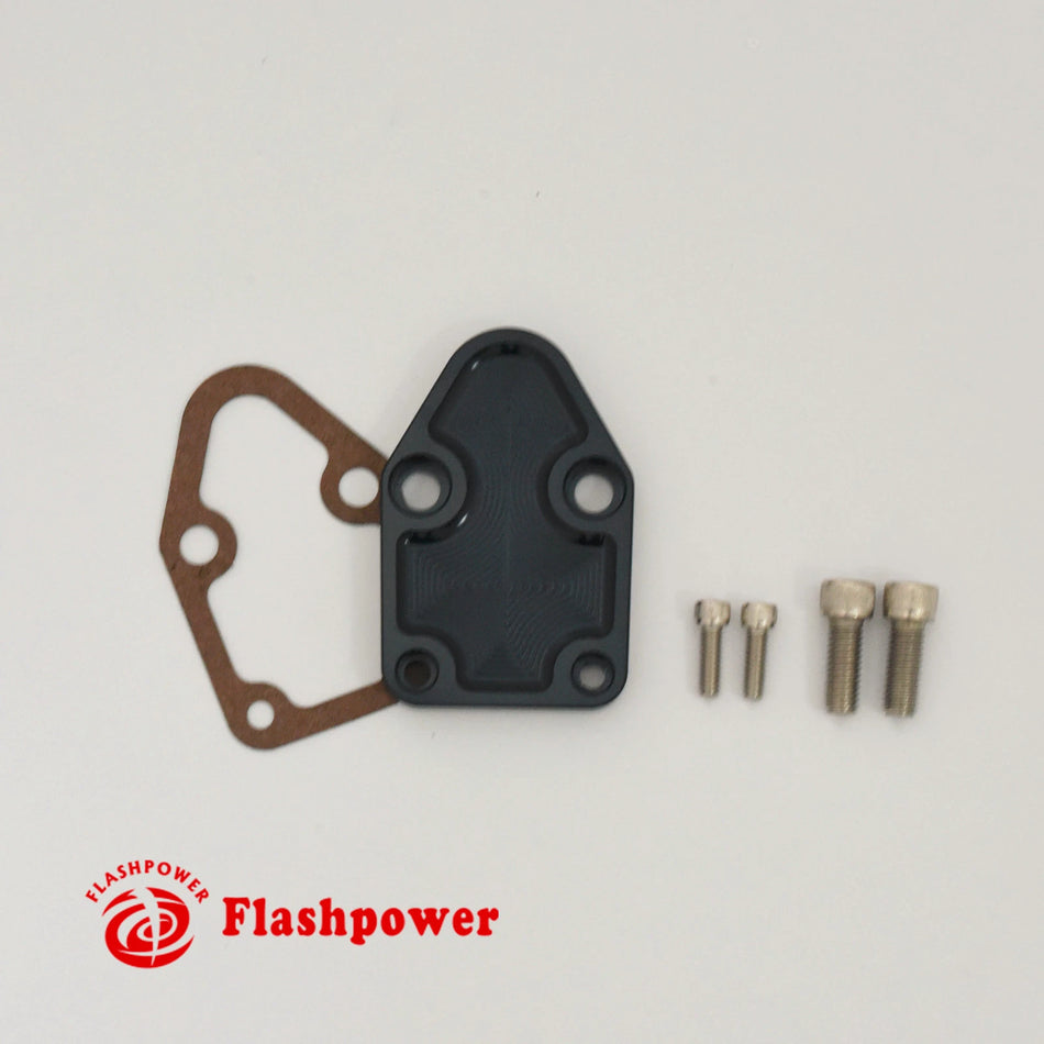 Flashpower Billet SBC Chevy Fuel Pump Block-Off Plate Kit Black Anodized