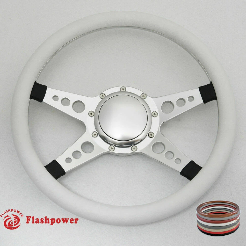 14'' Satin Billet Steering Wheel Full Leather Wrap Horn Button Dodge GMC