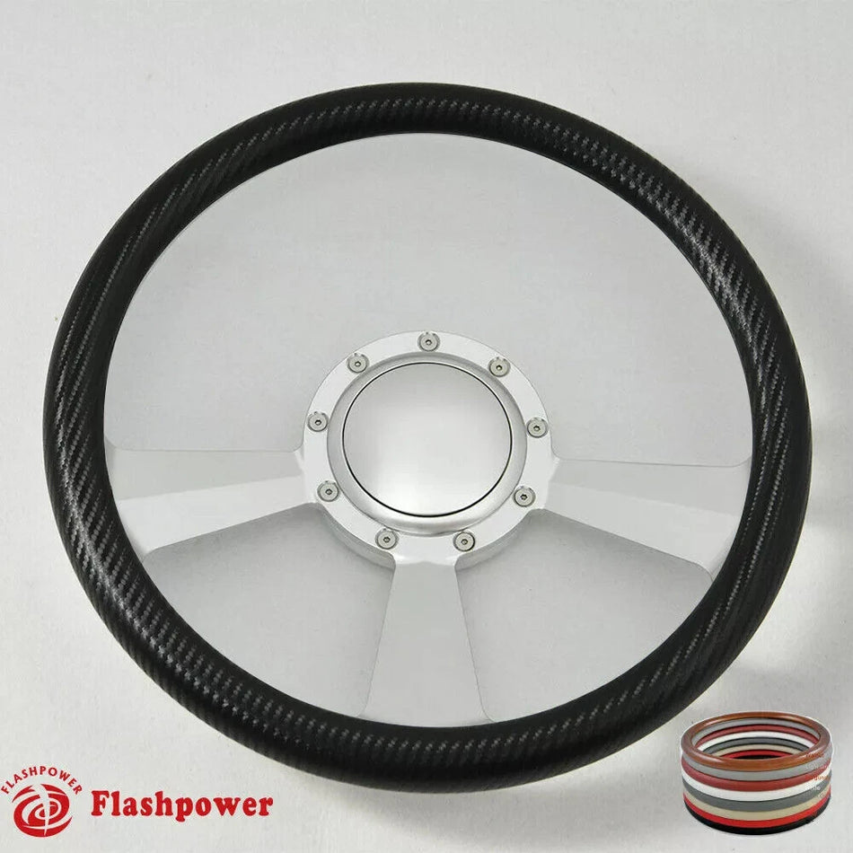 14'' Billet 9 Bolt Radiant Steering Wheel Black Half Wrap Ford Chevelle Impala W/Horn